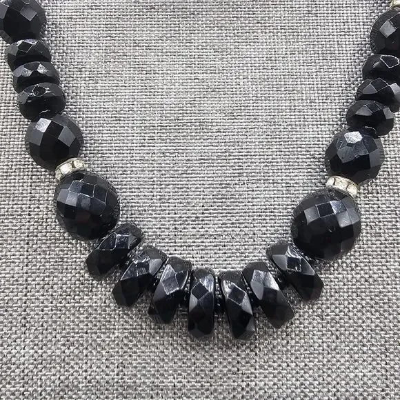Black Glass Bead Necklace Facet Cut Rhinestone Rondelle Lobster Clasp 24" - Picture 2 of 10